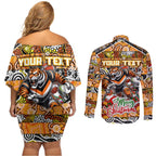 Custom Tigers Rugby Merry Christmas Couples Matching Off Shoulder Short Dress and Long Sleeve Button Shirt Indigenous Australian Art