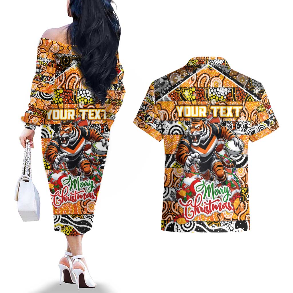 Custom Tigers Rugby Merry Christmas Couples Matching Off The Shoulder Long Sleeve Dress and Hawaiian Shirt Indigenous Australian Art