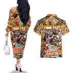 Custom Tigers Rugby Merry Christmas Couples Matching Off The Shoulder Long Sleeve Dress and Hawaiian Shirt Indigenous Australian Art