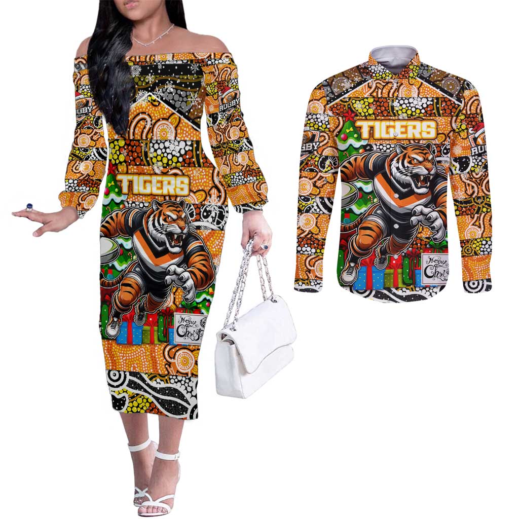 Custom Tigers Rugby Merry Christmas Couples Matching Off The Shoulder Long Sleeve Dress and Long Sleeve Button Shirt Indigenous Australian Art