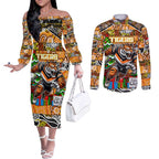 Custom Tigers Rugby Merry Christmas Couples Matching Off The Shoulder Long Sleeve Dress and Long Sleeve Button Shirt Indigenous Australian Art