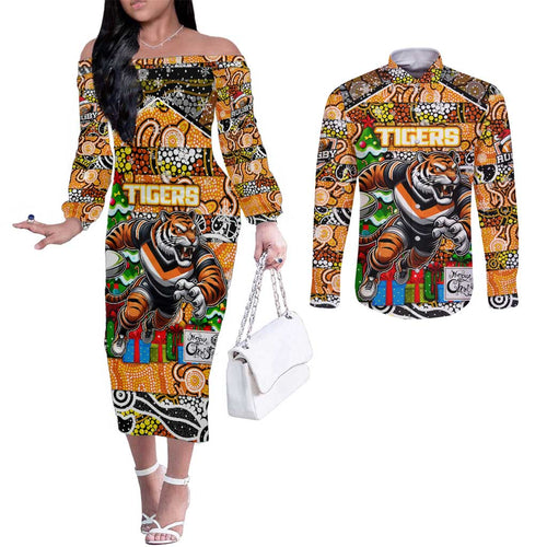 Custom Tigers Rugby Merry Christmas Couples Matching Off The Shoulder Long Sleeve Dress and Long Sleeve Button Shirt Indigenous Australian Art