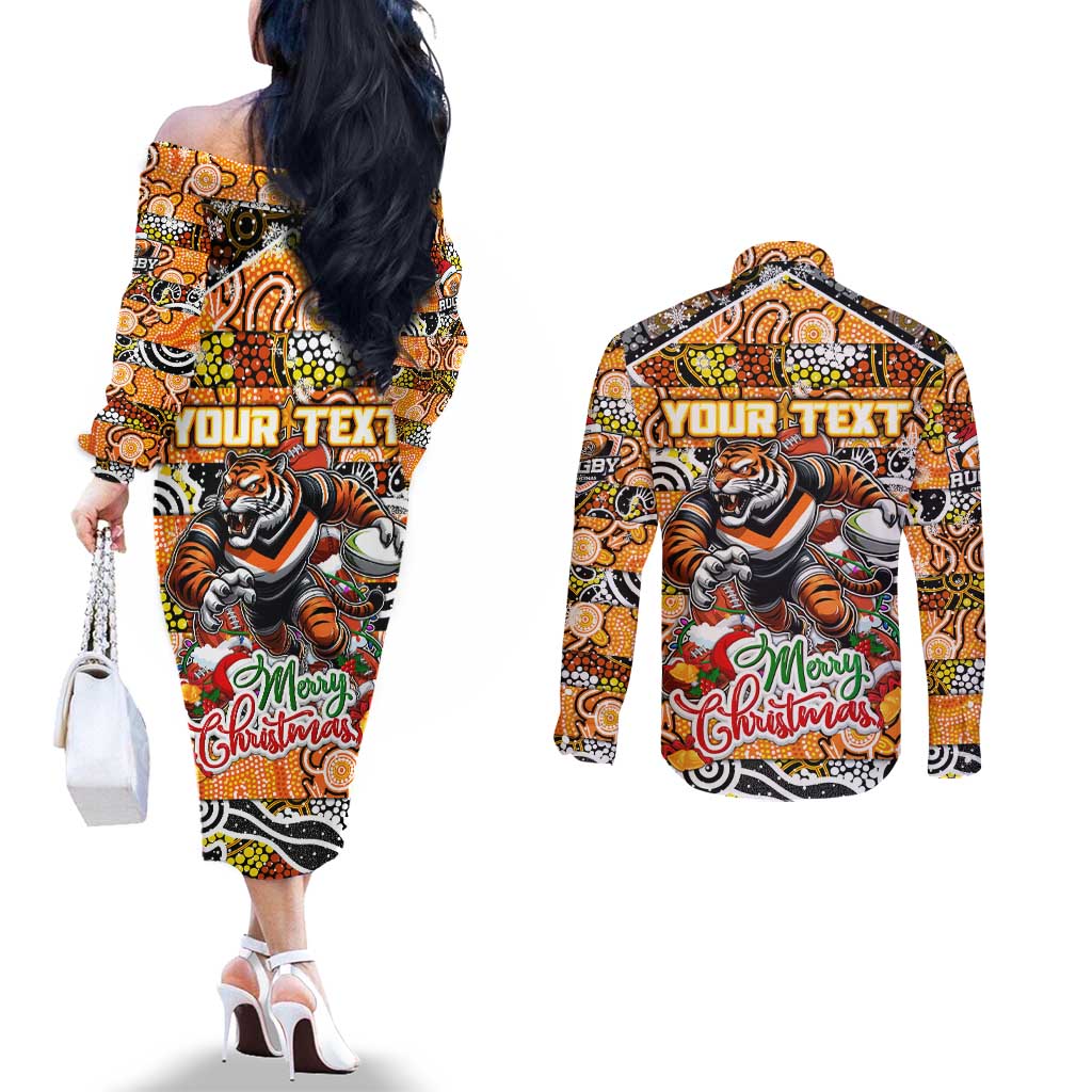 Custom Tigers Rugby Merry Christmas Couples Matching Off The Shoulder Long Sleeve Dress and Long Sleeve Button Shirt Indigenous Australian Art