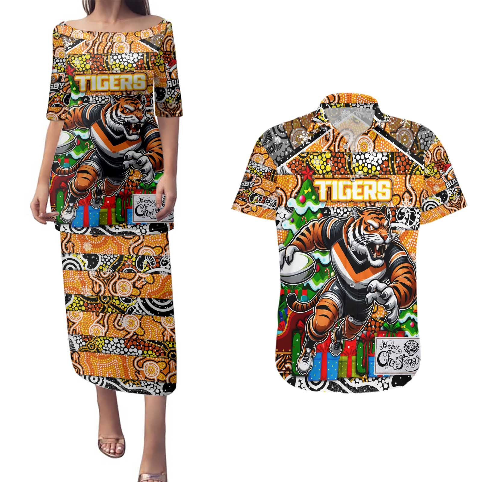 Custom Tigers Rugby Merry Christmas Couples Matching Puletasi and Hawaiian Shirt Indigenous Australian Art