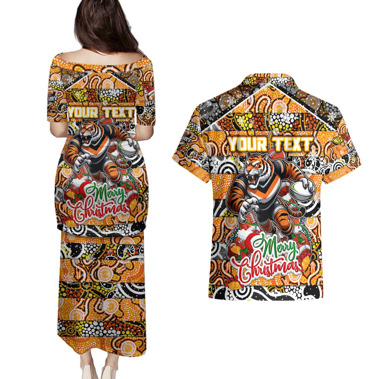 Custom Tigers Rugby Merry Christmas Couples Matching Puletasi and Hawaiian Shirt Indigenous Australian Art