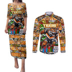 Custom Tigers Rugby Merry Christmas Couples Matching Puletasi and Long Sleeve Button Shirt Indigenous Australian Art