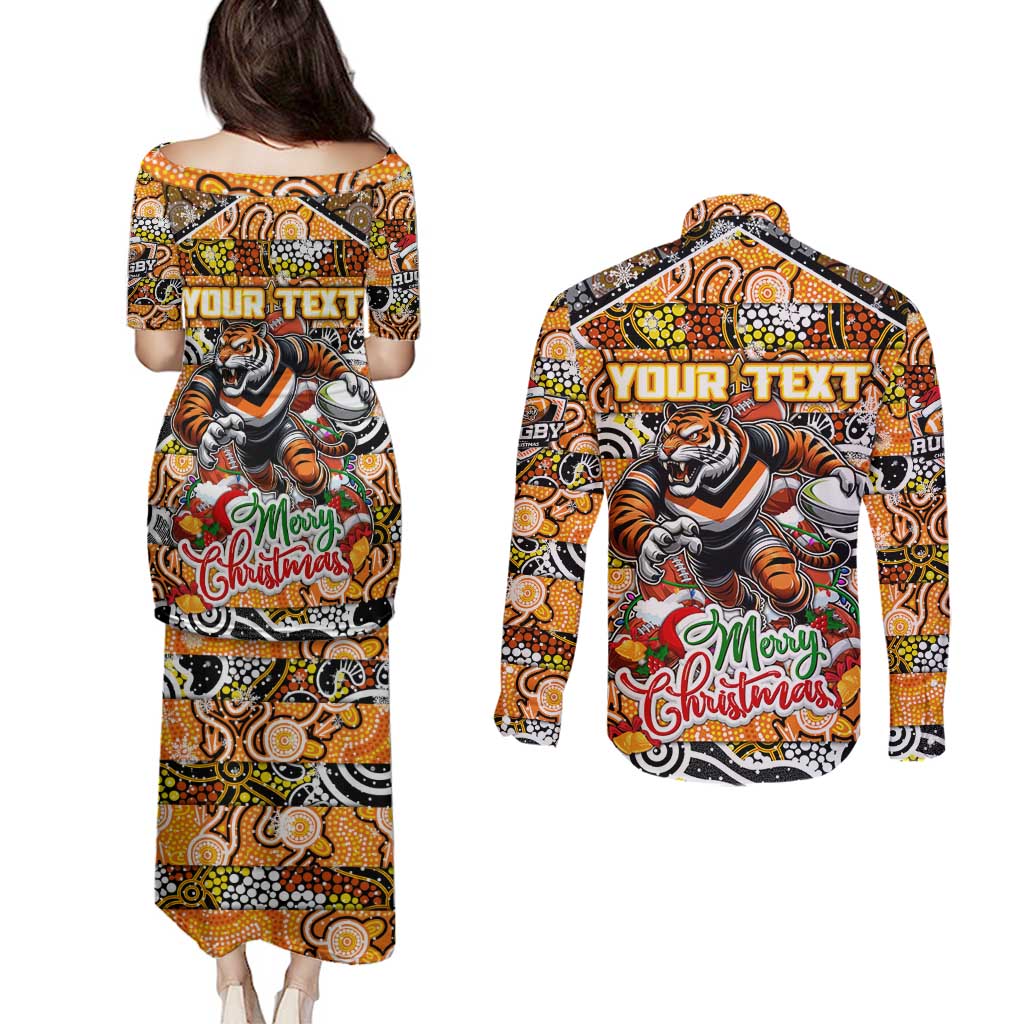Custom Tigers Rugby Merry Christmas Couples Matching Puletasi and Long Sleeve Button Shirt Indigenous Australian Art