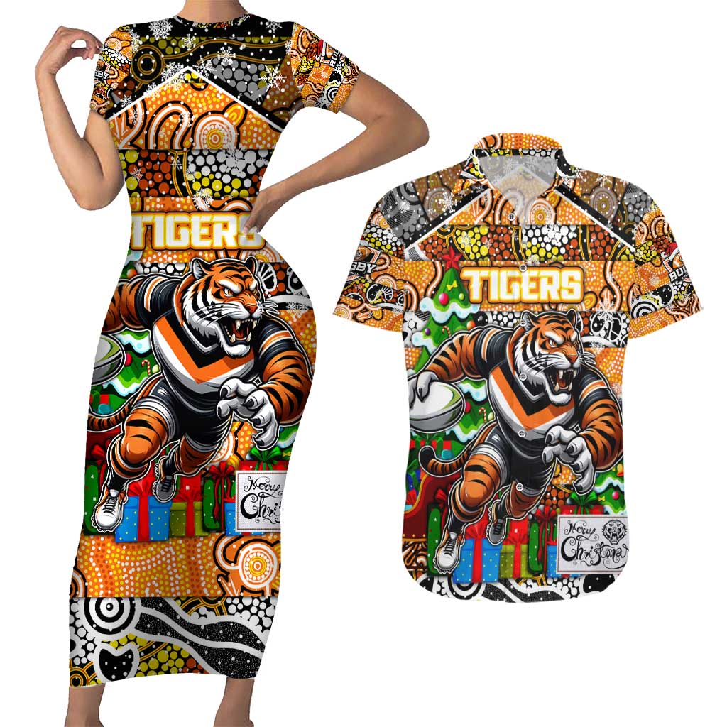 Custom Tigers Rugby Merry Christmas Couples Matching Short Sleeve Bodycon Dress and Hawaiian Shirt Indigenous Australian Art