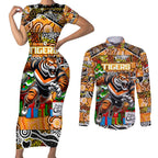 Custom Tigers Rugby Merry Christmas Couples Matching Short Sleeve Bodycon Dress and Long Sleeve Button Shirt Indigenous Australian Art