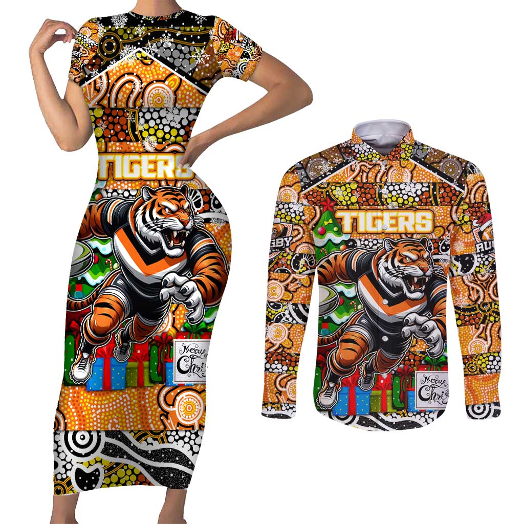 Custom Tigers Rugby Merry Christmas Couples Matching Short Sleeve Bodycon Dress and Long Sleeve Button Shirt Indigenous Australian Art