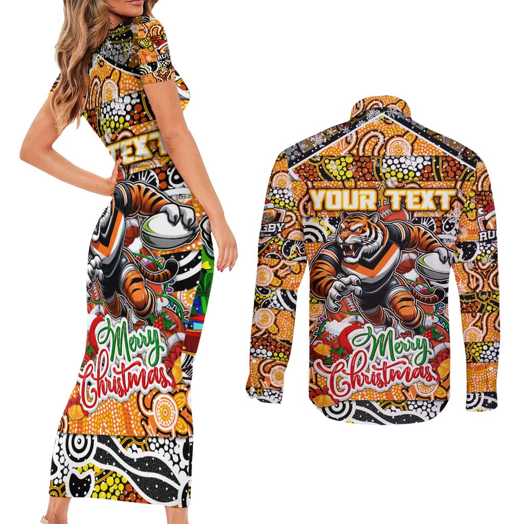 Custom Tigers Rugby Merry Christmas Couples Matching Short Sleeve Bodycon Dress and Long Sleeve Button Shirt Indigenous Australian Art