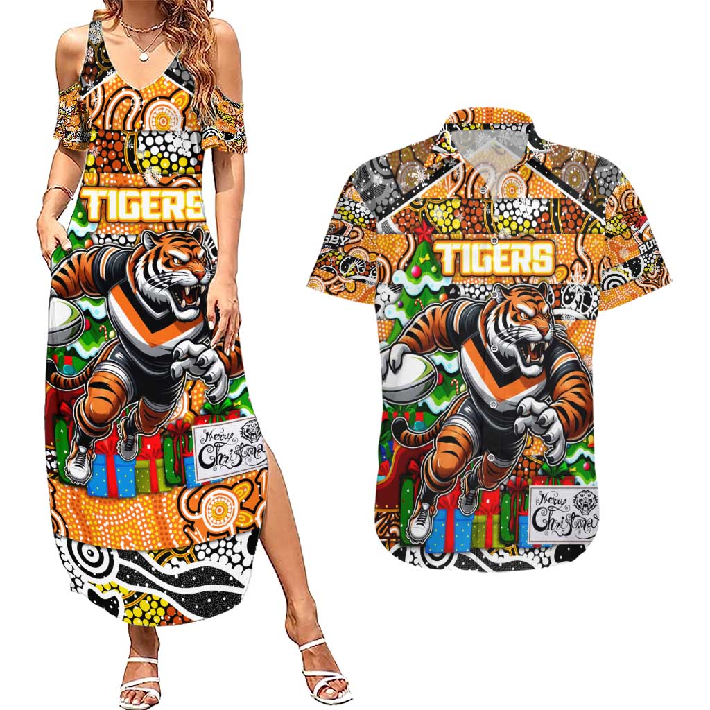 Custom Tigers Rugby Merry Christmas Couples Matching Summer Maxi Dress and Hawaiian Shirt Indigenous Australian Art