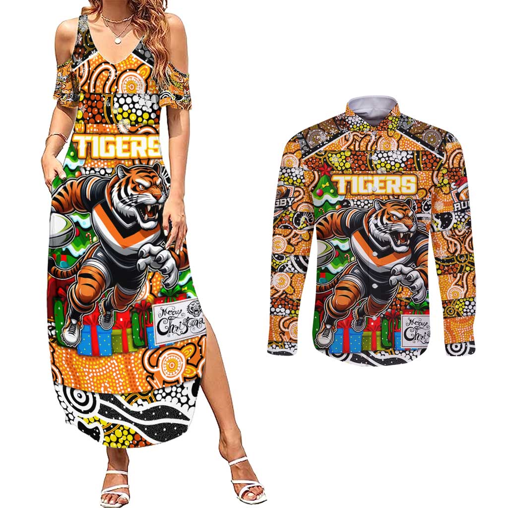 Custom Tigers Rugby Merry Christmas Couples Matching Summer Maxi Dress and Long Sleeve Button Shirt Indigenous Australian Art