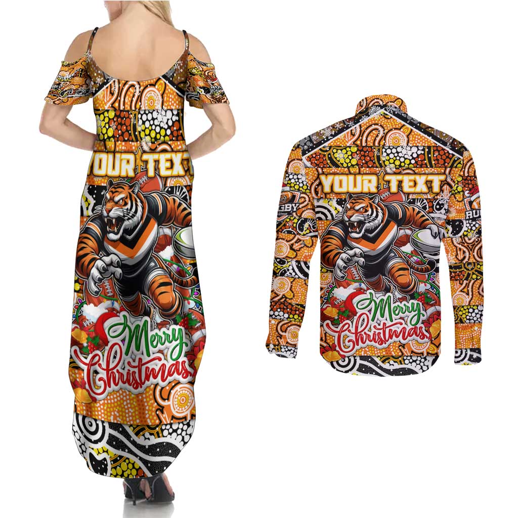Custom Tigers Rugby Merry Christmas Couples Matching Summer Maxi Dress and Long Sleeve Button Shirt Indigenous Australian Art