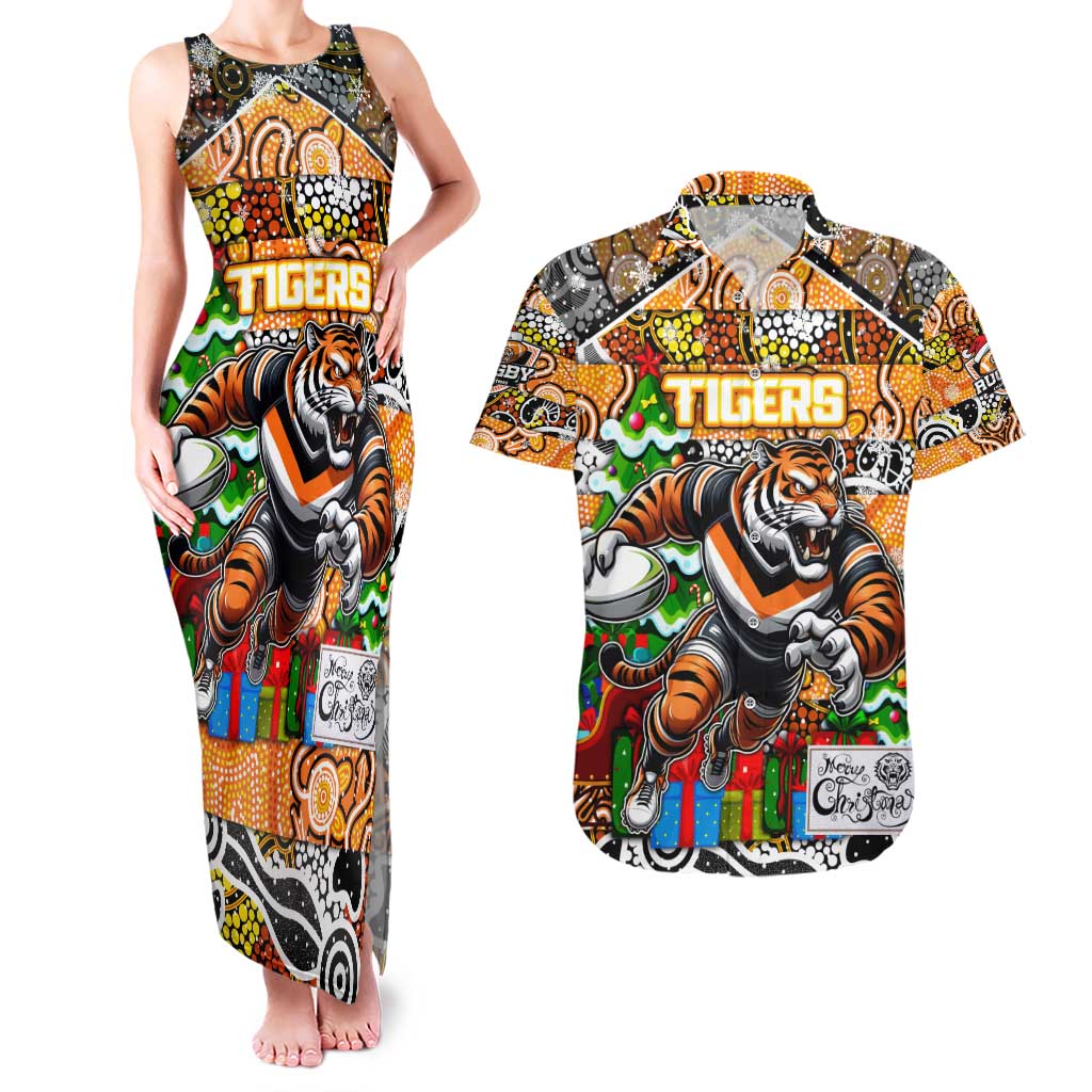 Custom Tigers Rugby Merry Christmas Couples Matching Tank Maxi Dress and Hawaiian Shirt Indigenous Australian Art