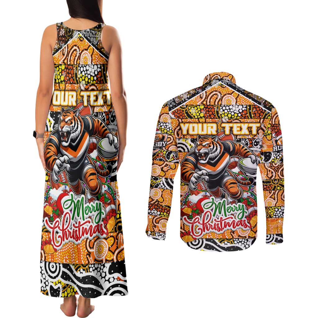 Custom Tigers Rugby Merry Christmas Couples Matching Tank Maxi Dress and Long Sleeve Button Shirt Indigenous Australian Art