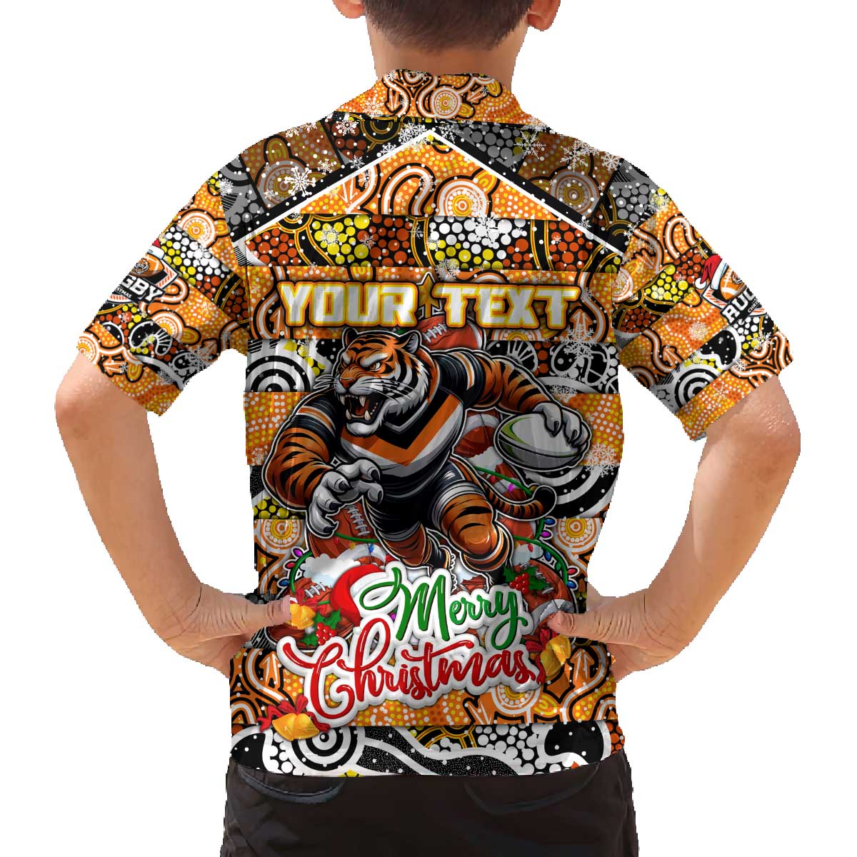 Custom Tigers Rugby Merry Christmas Family Matching Off The Shoulder Long Sleeve Dress and Hawaiian Shirt Indigenous Australian Art