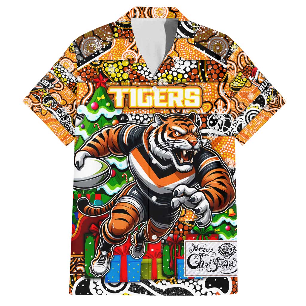 Custom Tigers Rugby Merry Christmas Family Matching Off Shoulder Short Dress and Hawaiian Shirt Indigenous Australian Art