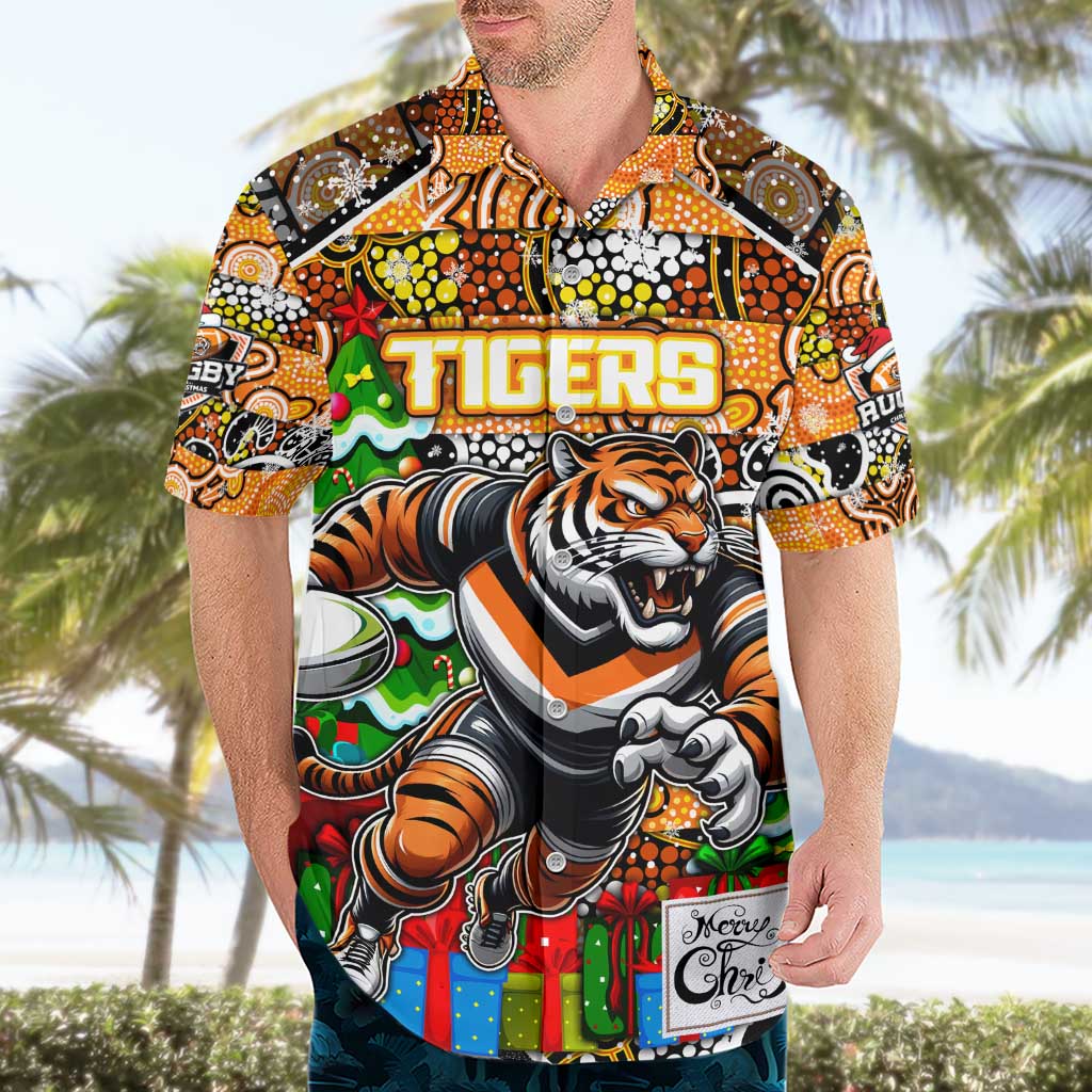 Custom Tigers Rugby Merry Christmas Hawaiian Shirt Indigenous Australian Art