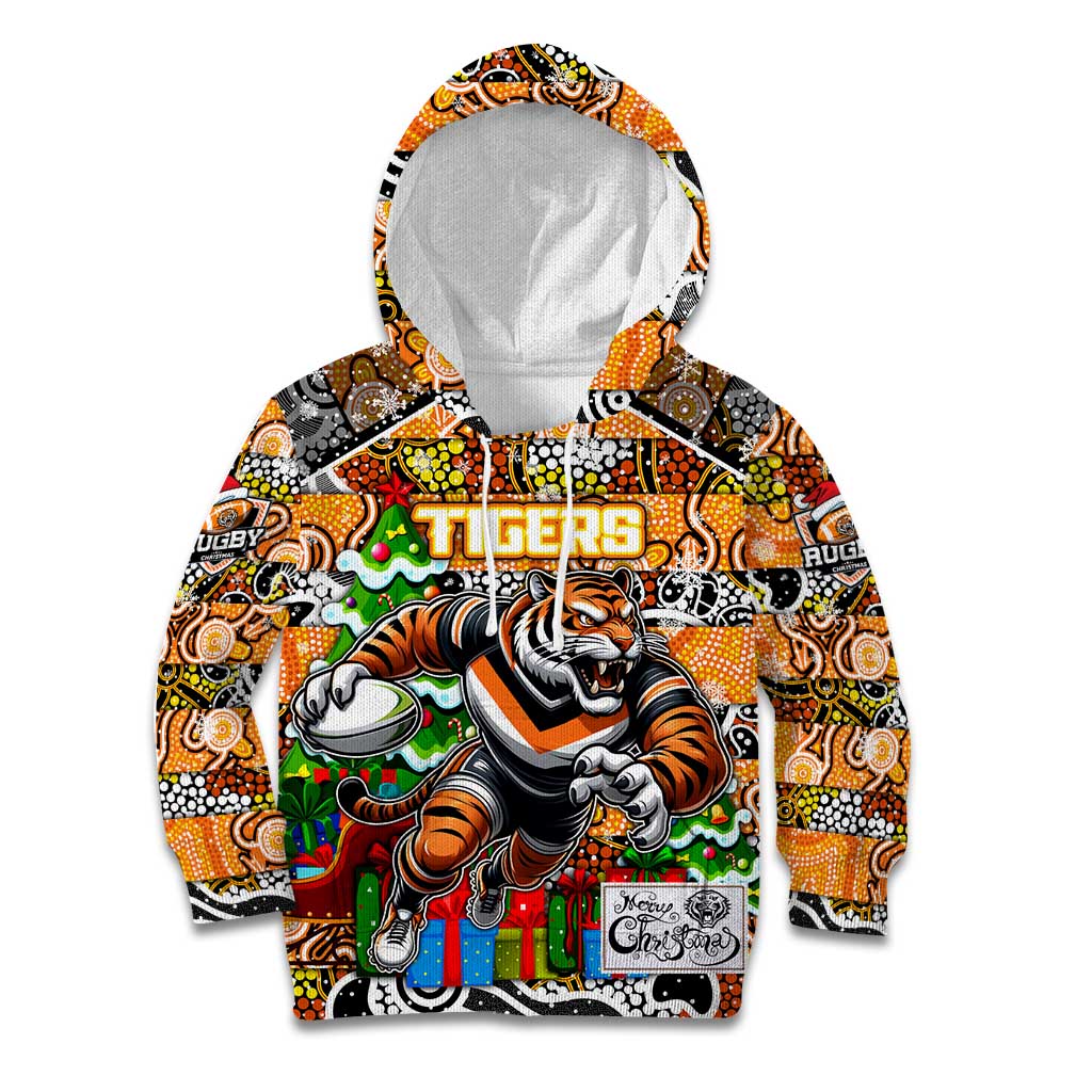 Custom Tigers Rugby Merry Christmas Kid Hoodie Indigenous Australian Art