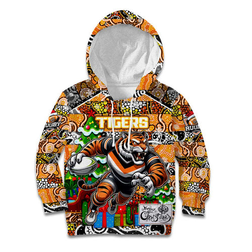 Custom Tigers Rugby Merry Christmas Kid Hoodie Indigenous Australian Art