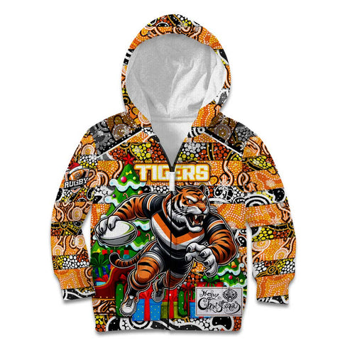 Custom Tigers Rugby Merry Christmas Kid Hoodie Indigenous Australian Art
