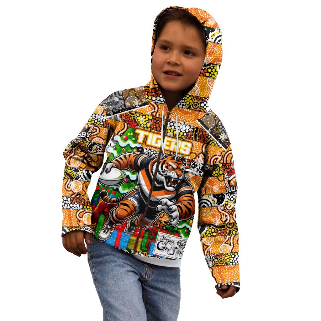 Custom Tigers Rugby Merry Christmas Kid Hoodie Indigenous Australian Art