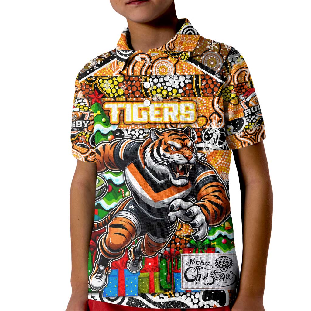 Custom Tigers Rugby Merry Christmas Kid Polo Shirt Indigenous Australian Art