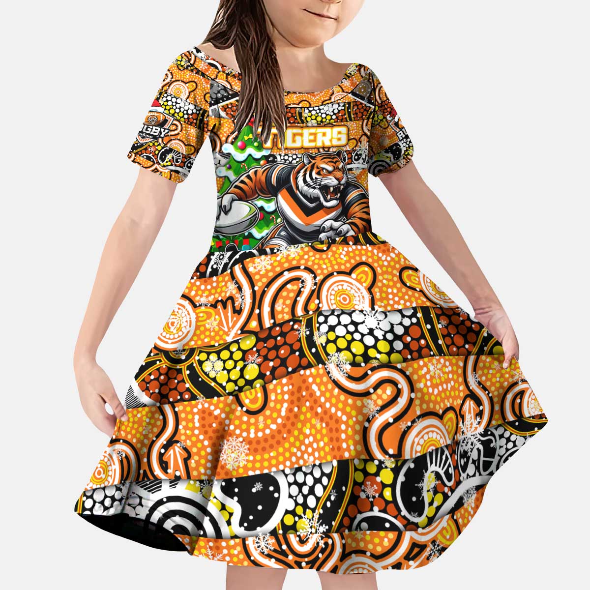 Custom Tigers Rugby Merry Christmas Kid Short Sleeve Dress Indigenous Australian Art