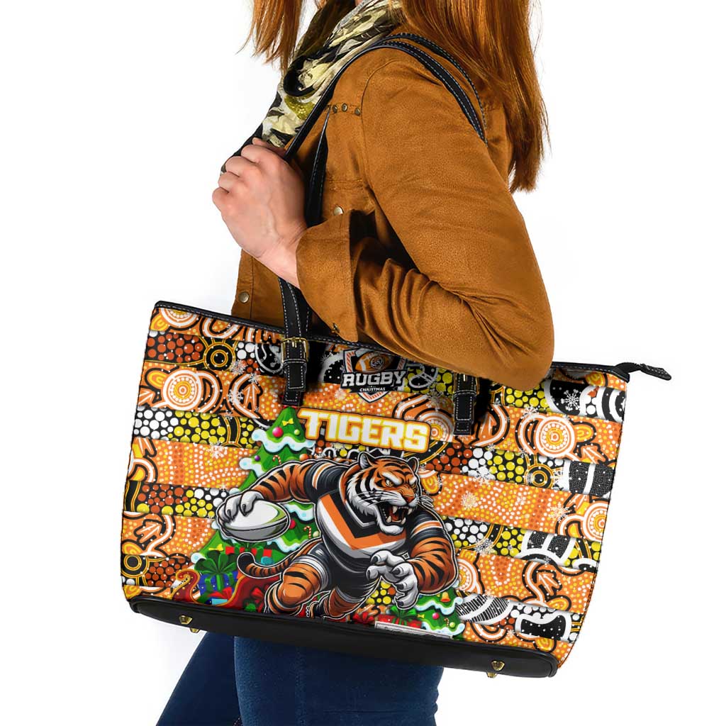 Tigers Rugby Merry Christmas Leather Tote Bag Indigenous Australian Art