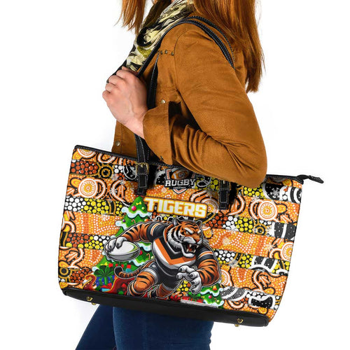 Tigers Rugby Merry Christmas Leather Tote Bag Indigenous Australian Art