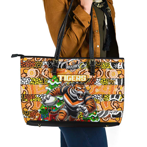 Tigers Rugby Merry Christmas Leather Tote Bag Indigenous Australian Art