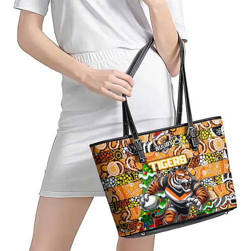 Tigers Rugby Merry Christmas Leather Tote Bag Indigenous Australian Art