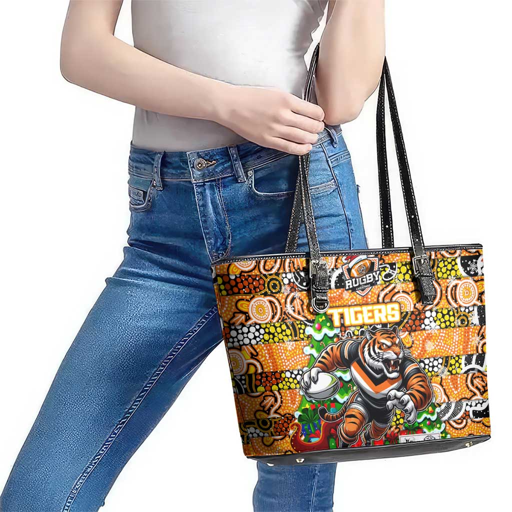 Tigers Rugby Merry Christmas Leather Tote Bag Indigenous Australian Art