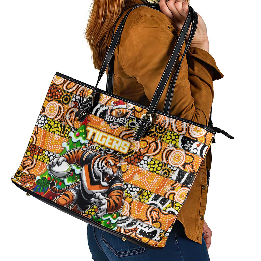 Tigers Rugby Merry Christmas Leather Tote Bag Indigenous Australian Art