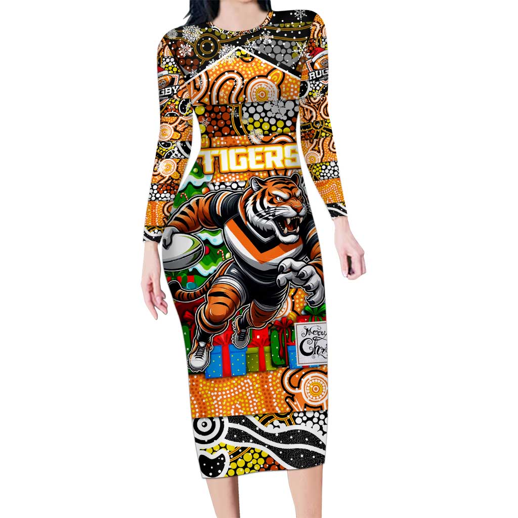 Custom Tigers Rugby Merry Christmas Long Sleeve Bodycon Dress Indigenous Australian Art