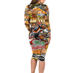 Custom Tigers Rugby Merry Christmas Long Sleeve Bodycon Dress Indigenous Australian Art