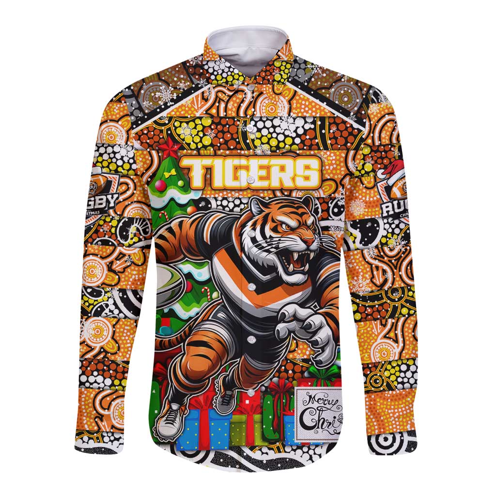 Custom Tigers Rugby Merry Christmas Long Sleeve Button Shirt Indigenous Australian Art