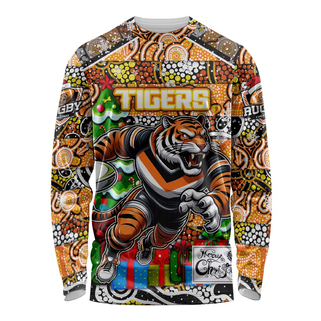 Custom Tigers Rugby Merry Christmas Long Sleeve Shirt Indigenous Australian Art