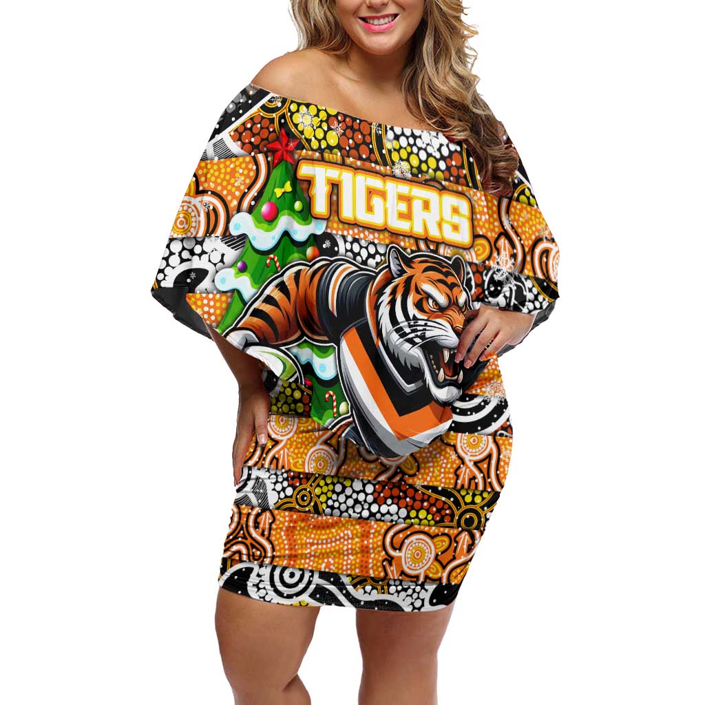 Custom Tigers Rugby Merry Christmas Off Shoulder Short Dress Indigenous Australian Art