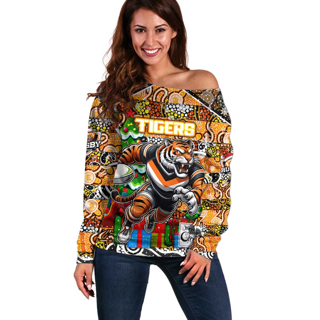 Custom Tigers Rugby Merry Christmas Off Shoulder Sweater Indigenous Australian Art