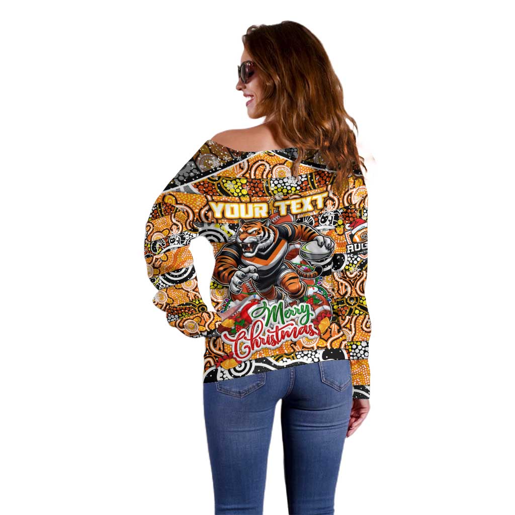 Custom Tigers Rugby Merry Christmas Off Shoulder Sweater Indigenous Australian Art