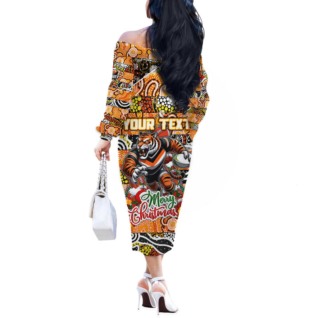 Custom Tigers Rugby Merry Christmas Off The Shoulder Long Sleeve Dress Indigenous Australian Art