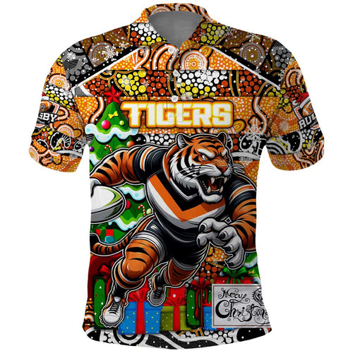 Custom Tigers Rugby Merry Christmas Polo Shirt Indigenous Australian Art