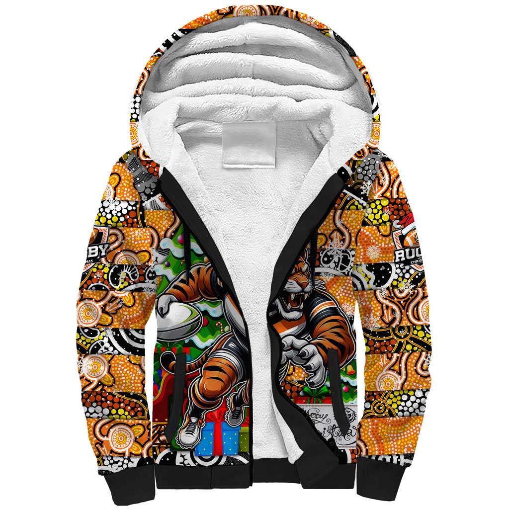 Custom Tigers Rugby Merry Christmas Sherpa Hoodie Indigenous Australian Art