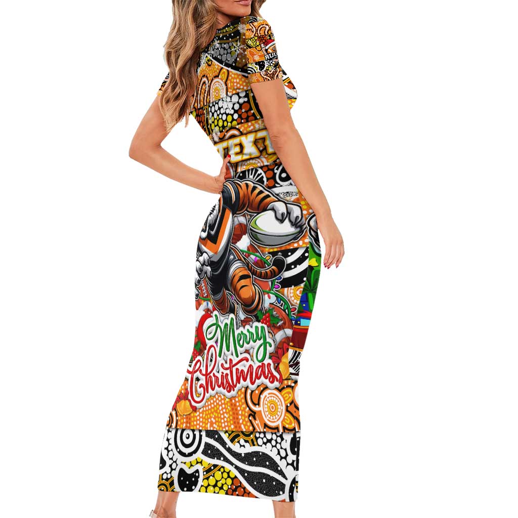 Custom Tigers Rugby Merry Christmas Short Sleeve Bodycon Dress Indigenous Australian Art