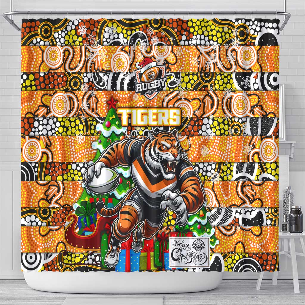 Tigers Rugby Merry Christmas Shower Curtain Indigenous Australian Art