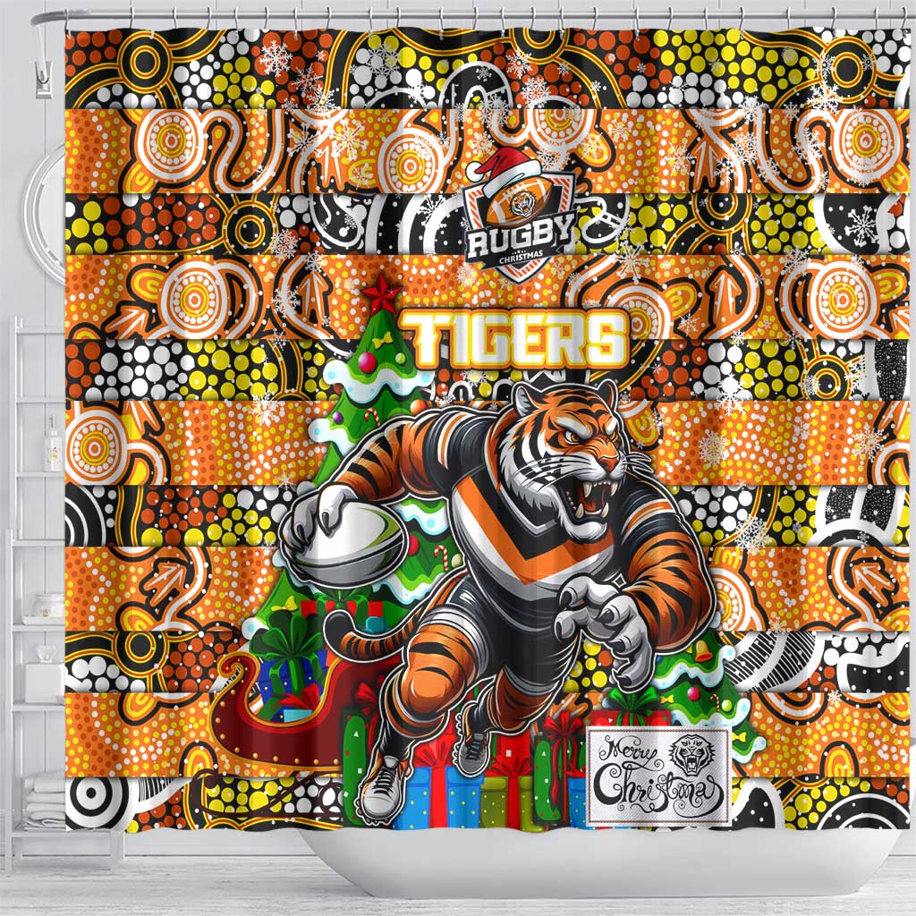 Tigers Rugby Merry Christmas Shower Curtain Indigenous Australian Art