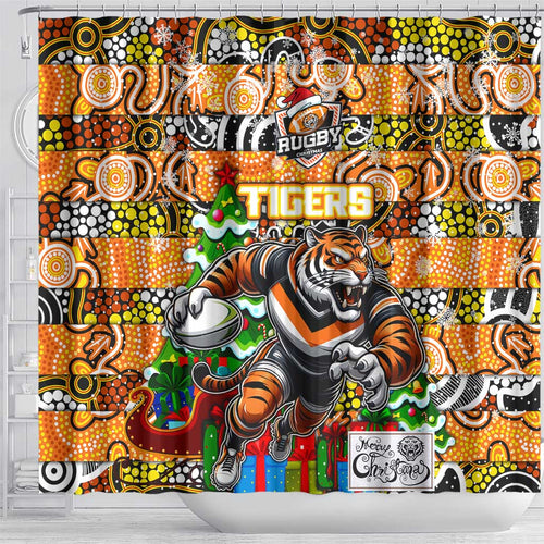 Tigers Rugby Merry Christmas Shower Curtain Indigenous Australian Art