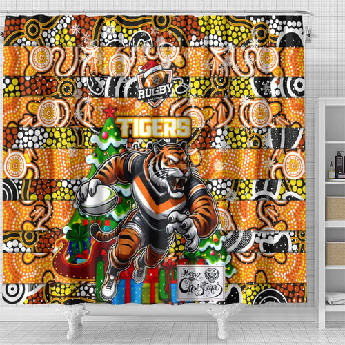 Tigers Rugby Merry Christmas Shower Curtain Indigenous Australian Art